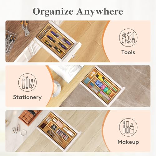 Lifewit Silverware Drawer Organizer, Utensil Tray for Kitchen, Flatware and Cutlery Holder, Storage for Spoons Forks Knives, 6.7 x 12", Natural - size: 6.7"W x 12"D