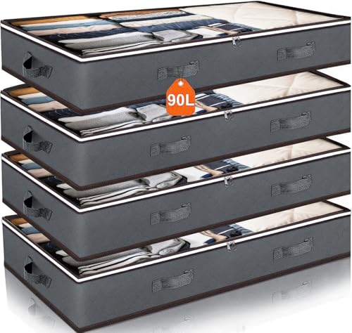 90L Under Bed Storage Containers, Closet Organizers and Storage Bins, Foldable Underbed Storage Bags for Blankets, Towels, Comforter, Sweaters, Linen Sheets, Wrapping Paper (Grey, 4 Pack) - size: 4 Pack