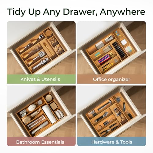 Carbonized Bamboo Kitchen Drawer Organizer, 8 Slots Silverware Organizer, Utensil Holder & Cutlery Tray, 2.2" Deep for Extra Capacity, Non-Slip Feet Included - size: 8 Slots