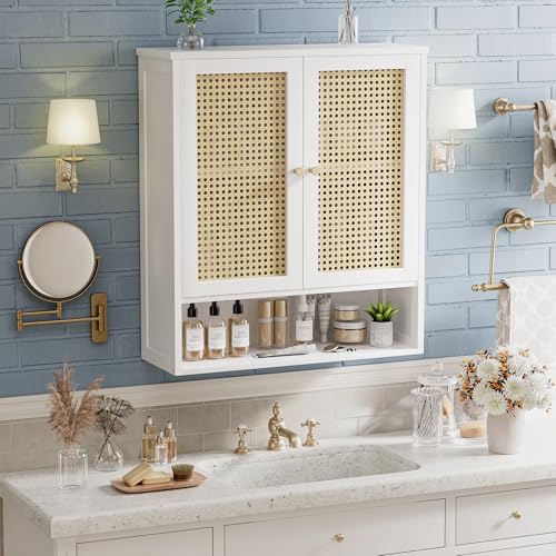 Bathroom Wall Cabinet, Bamboo Over-The-Toilet Storage Organizer with 2 Rattan Doors and Adjustable Shelf, Space Saver Medicine Cabinet for Laundry, Kitchen, Living Room (White) - color: White