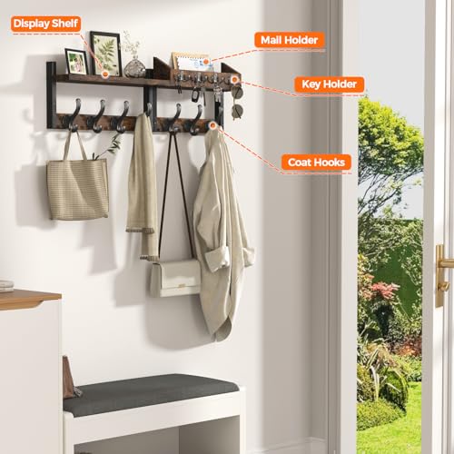 Evermagin 29" Coat Rack Wall Mount with Shelf, 4 in 1 Coat and Key Hanger with 11 Metal Hooks, Entryway Wall Mounted Shelf with Mail Holder for Living Room, Bedroom, Rustic Brown - color: Rustic Brown, size: 29 inch