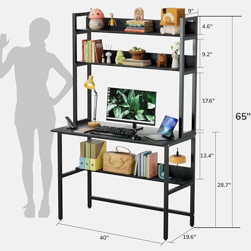 Aquzee Computer Desk with Hutch, 40“W x 19.6" D Desk with Shelves, Tall Home Office Desk with Bookshelf, Metal Legs Study Table with Upper Storage Shelf for Study Writing/Workstation, Black - color: Black, size: 40inch