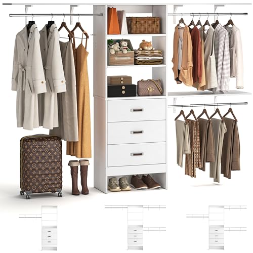 8FT Closet System, 96'' Closet Organizer System with 3 Hanging Rods, Wall Mount Bedroom Wardrobe with 3 Drawers Walk-in Closet, Adjustable Cloth Garment Rack from 5 to 8FT (Cut to Fit), White - color: White