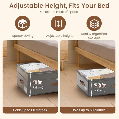 Under Bed Storage with Wheels, 2-Pack Underbed Storage Containers, No Assemble 11 inches 90L XXL Large Adjustable Storage Bins with Clear Lids, Rolling Storage for Clothes, Shoes, Blankets, Gray - color: Gray