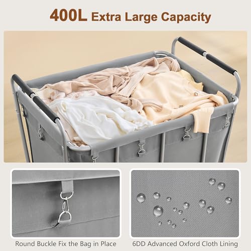 Hoctieon Large Laundry Cart with Wheels, 400L Heavy Duty Laundry Basket Organizer, Rolling Hamper Sorter for Clothes Storage, Industrial Dirty Clothes Hamper for Home & Hotel, Gray - color: Gray, size: 400L