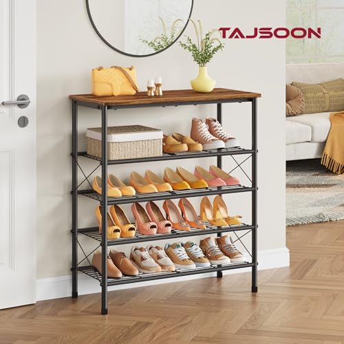 Tajsoon 5 Tier Shoe Rack Organizer for 16-20 Pairs of Shoes, Metal Mesh Shoe Shelf for Closet, Industrial Shoe Rack for Entryway Shoe Storage with X Shape Fixed Frame, Rustic Brown & Black - color: Rustic Brown & Black, size: 5-Tier