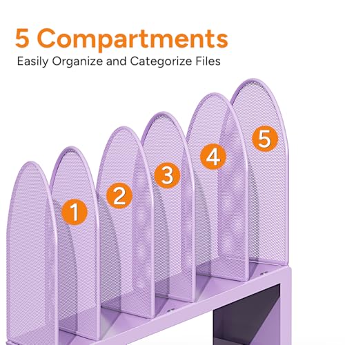 5-Section Desk File Organizer, Metal Mesh Folder Organizer for Documents, Mail & Office Papers (Purple) - color: Purple