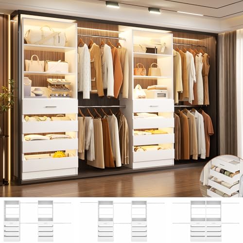 Aheaplus Closet System, 6-15Ft Closet Organizer with 8 Wooden Drawers, Wood Closet Organizer System with Tower, Walk-in Closet Organizer Wardrobe Clothes Rack with 4 Hanging Rods, Garment Rack, White - color: White