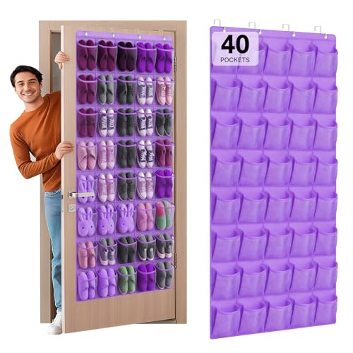 40-Pocket Over the Door Shoe Organizer - Large Mesh Pocket Hanging Shoe Organizer,Behind the Door Shoes Storage Holder Hanger - color: Purple