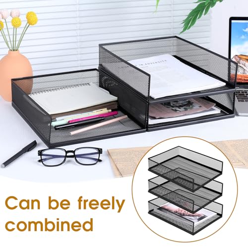 3 Pcs Black Metal Letter Tray, 3-Tier Stackable Paper Tray, Metal Mesh Desktop Organizer, Single Wire Mesh Organizer Front Load File Paper Holder, File Document Storage Rack for Office, School, Home