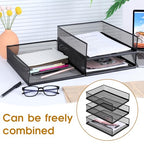 3 Pcs Black Metal Letter Tray, 3-Tier Stackable Paper Tray, Metal Mesh Desktop Organizer, Single Wire Mesh Organizer Front Load File Paper Holder, File Document Storage Rack for Office, School, Home