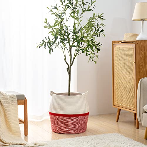 KAKAMAY Woven Baskets for Storage(17"x17"),Large Cotton Rope Woven Baby Laundry Hamper,Collapsible Laundry Basket, Blanket Basket for Organizing Living Room,Nursery,Pillows,Toy Chest(Red) - color: Red