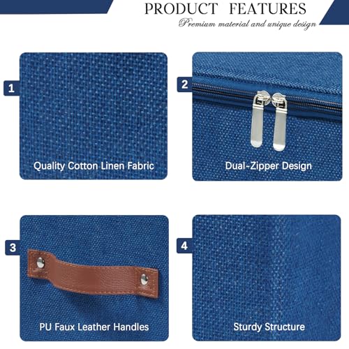 Storage Bins with Zipper Lid Foldable Fabric Lidded Storage Boxes Baskets Cubes Washable Collapsible PU Leather Handle Cotton Linen Shelves Closet Organizer Container(Dark Blue, Large Size) - color: Dark Blue, size: Large ( Set of 1 )