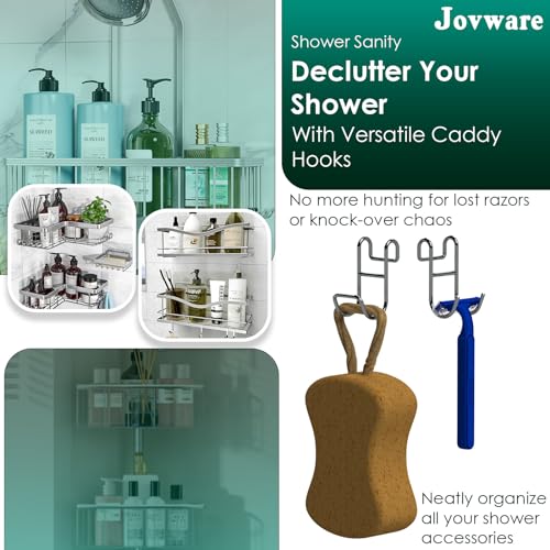 Shower Caddy Shelf Basket Rack Hooks Stainless Steel Metal Bathroom Hangers Hanging for Loofah Robe Massage Towel Squeegee Sponge Razor 2 Pack - color: Silver, size: 1 Closed 1 Open