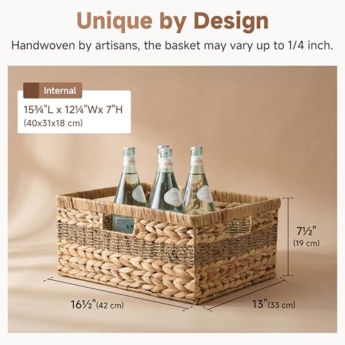 StorageWorks Jumbo Rectangular Wicker Basket, Water Hyacinth and Seagrass Storage Basket with Built-in Handles, 1 Pack - color: Natural (Water Hyacinth with Seagrass), size: 16 ½"L x 13"W x 7 ½"H