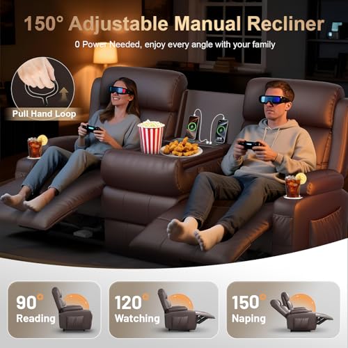 3-Seater Reclining Sofa Couch, RV Wall Hugger Loveseat with Flip-Down Console, LED Lights, Built-in Power Strip, Massage, Cup Holders & Storage Drawer, 150° Home Theater Seating for RV & Living Room - color: Brown, size: 3-Seater with Flip Back
