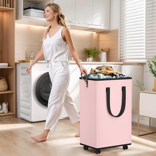 SpaceTrove Laundry Basket with Wheels, Collapsible Laundry Baskets, Laundry Hamper with Handles Detachable Wheels, Rolling Laundry Basket, Dirty Clothes Hamper for Bathroom, Dorm, Bedroom, Pink, 100L - color: Pink, size: 100L