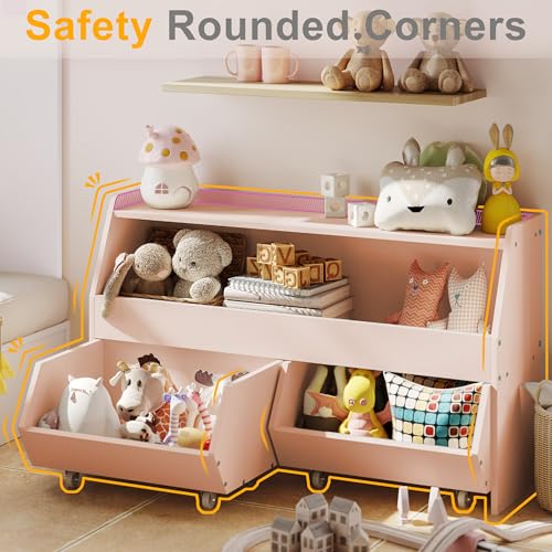 Fulhope Toy Storage Organizer for Kids, Toy Storage Cabinet with Drawers, Boys and Girls Toy Shelf with Wheels, Toy Organizer Kids Bookshelf with Storage for Nursery, Playroom, Bedroom (Light Pink) - color: Light Pink