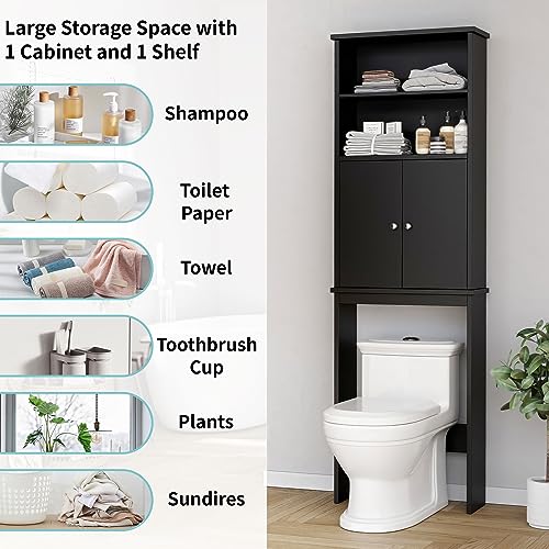 Shintenchi Over The Toilet Storage Cabinet, Bathroom Above The Toilet Rack, Bathroom Adjustable Shelf Organizer with Open Bottom Bar and Anti-Tip Device, Black - color: Black, size: 2 Open Shelves