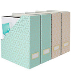 BLU MONACO | Set of 4 Foldable Pink & Aqua Magazine File Holders with Gold Geometric Patterns | Vertical File Organizer Boxes with Gold Label Holders for Home & Office - color: Pink-aqua