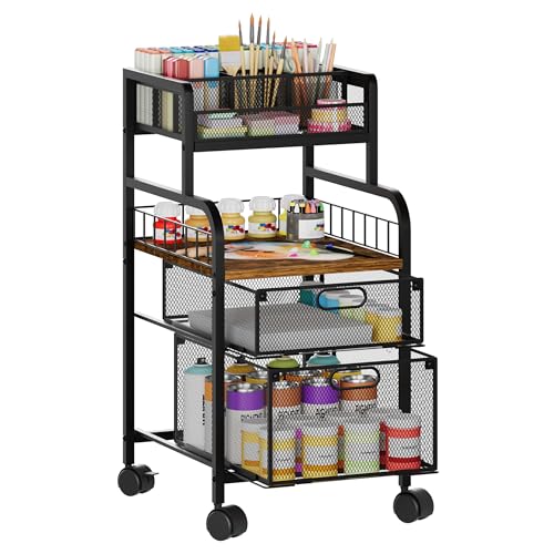 SWTYMIKI Rolling Cart with Drawers - Metal Utility Cart with Wood Shelf, DIY Divider and Locking Wheels, Craft & Art Cart Organizer for Under Desk Storage for Home Office Studio, Espresso - color: 4 Tiers-Espresso, size: 4 Tiers