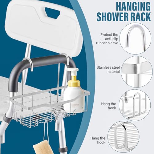 Shower Caddy Hanging, Stainless Steel Showers Organizer Rack with Hooks and Suction Cup for Elderly Seniors Disabled Handicap