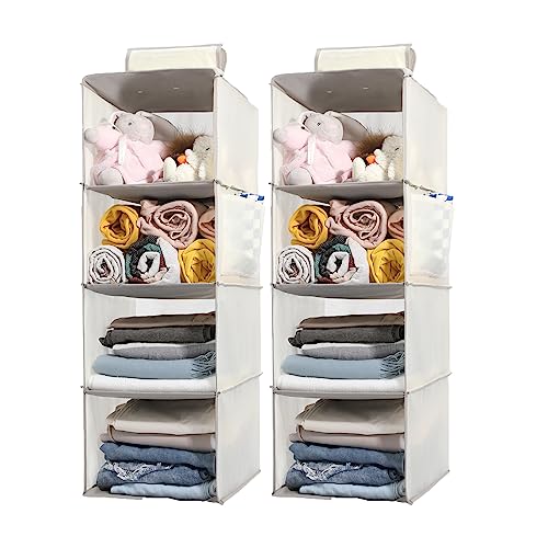 2 Packs Hanging Closet Organizer Storage, 4-Shelf Hanging Shelves for Closet, Closet Clothes Organizer and Storage with Side Pocket, Beige - color: Beige, size: 4 Shelves