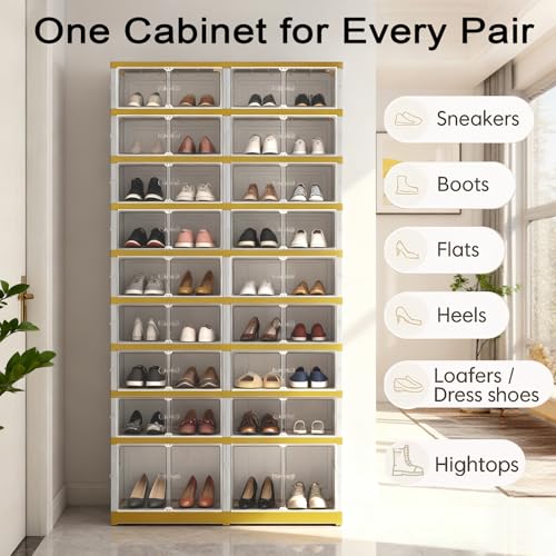 SYNCVIBE Foldable Shoe Organizer Cabinet Collapsible Shoe Rack, 9 Tier 36 Pairs Shoe Storage Boxes, Folding Shoe Rack with Magnetic Transparent Doors Easy Assembly Shoe Shelves Organizer, White Gold - color: White and Golden, size: 9 Tier 36 Pairs