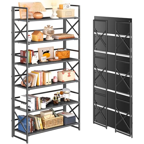 4NM Extra Wide 6 Tiers No Assembly Book Shelves, 61.8" H Folding Bookshelf Bookcase Open Industrial Foldable Shelves for Bedroom, Living Room, Home Office - All Black - color: All Black, size: Wide XX 6-Tier