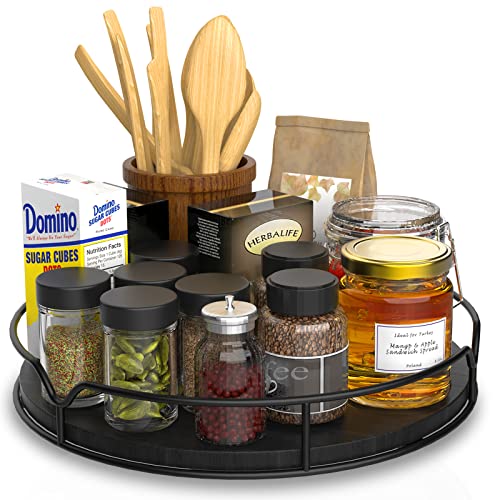 Lazy Susan Turntable Organizer for Cabinet Pantry Kitchen Countertop Refrigerator Cupboard, Pine Wood, 9", Black - color: Black, size: 9''
