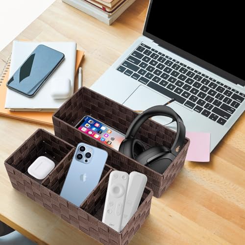 Drawer Organizer, Cube Baskets for Storage Shelves, Handmade Small Woven Basket, Shallow Storage Bins for Organizing Desk, Dresser, Kitchen, Pantry, Nested 7 Pack, Brown - color: Brown