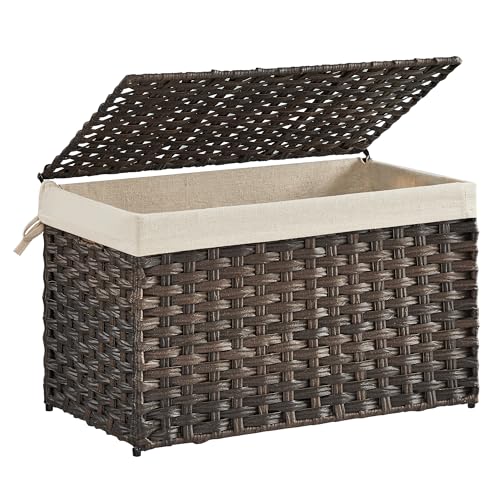 SONGMICS Storage Basket with Lid, Woven Blanket Storage Bin with Handles, Foldable, Removable Liner, Metal Frame, for Bedroom, Laundry Room, 17.2 Gallons (65 L), Brown URST56BR - color: Brown, size: 65 L