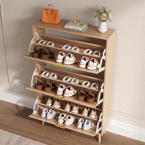 BORNOON Shoe Cabinet for Entryway with 3 Flip Drawers, Slim Wooden Shoe Storage Organizer with Modern Fluted Pannel，Freestanding Narrow Hidden Shoe Rack for Hallway, Foyer, Living Room - color: Oak, size: 3 Flip Drawers