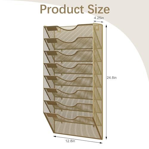 EasyPAG 8 Pocket Mesh Wall File Organizer, Hanging Paper Folder Holder with Classify Label, Vertical Wall Mount Mail Organizer for Office Home Classroom, Gold - color: Gold, size: 8 Tier