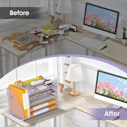 5 Tier Paper Letter Tray with File Holder and 3 Drop-in Pen Holders, Mesh Desk File Organizer with Handle, Desk Organizers and Accessories for School,Home, Office Supplies Storage-Purple - color: 5 Tier with File Holder-Purple, size: 15.4" x 9.1" x 10.3"