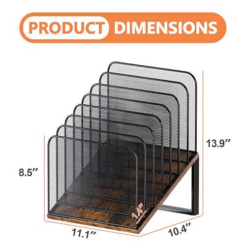 Piskyet Wooden Desk File Organizer, 7-Section Vertical File Folder Holder Stand,Metal Mail Paper Chromebook Organizer for Teacher Desk Office Classroom Desktop Organization（Inclined） - size: 7-Section Inclined