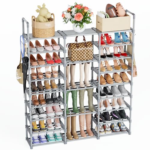 Mavivegue 9 Tiers Tall Shoe Organizer - Vertical Shoe Shelf for 50-55 Pairs, Stackable Racks for Entryway, Closet, Garage - Grey - color: Grey, size: 3 Row 9 Tier