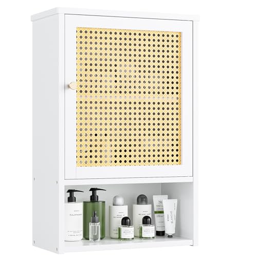 Bathroom Wall Cabinet, Bamboo Over-The-Toilet Storage Organizer with Rattan Doors and Adjustable Shelf, Space Saver Medicine Cabinet for Laundry, Kitchen, Living Room (White) - color: White