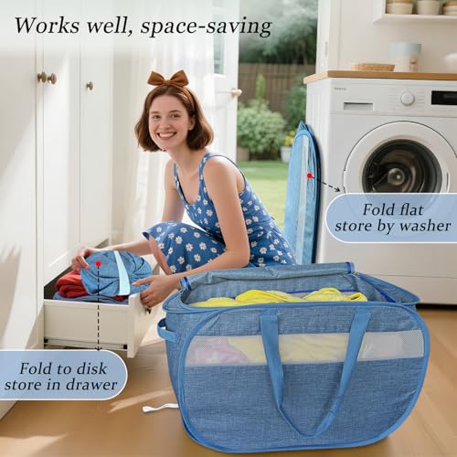 Upgraded 100L Extra Large Mesh Pop Up Laundry Hamper with Lid and Handles. XL Closet Storage Bins, Dirty Clothes Basket for Dorm Home, Foldable Laundry Basket. Blue. H - color: Blue, size: Single Horizontal