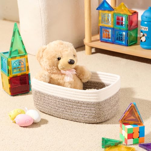 MiniArk Small Storage Baskets for Organizing | Closet Organizer Bins | Shelf Toy Basket | Woven Rope Baskets | Cube Decorative Box | Shallow Basket | 11.5x7.5x4.7” | 3 Packs White Brown - color: Off White/Brown, size: 3pcs-L11.5xW7.5xH4.7"