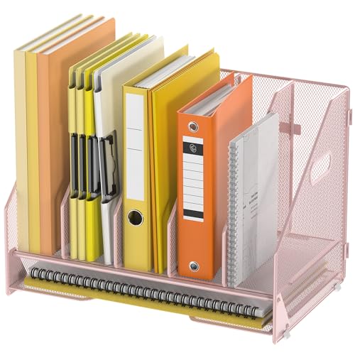 Docnest Desk File Holder Sorter, 5 Vertical Compartments Rack with Letter Tray, Mesh Magazine File Holder with Handle,Workspace Organizers,Desk Organizers for Paper, Mail, Documents-Pink - color: Pink-5 Compartments