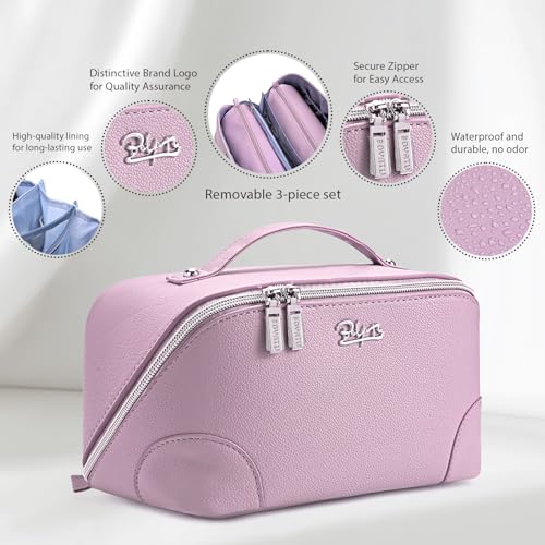 BOYATU Travel Makeup Bag Cosmetic Bags for Women: 3 Pcs Set Large Capacity Make up Bag with Handle - Waterproof Vegan Leather Toiletry Bags Travel Essentials with Compartments(C-4-Purple) - color: C-4-Purple
