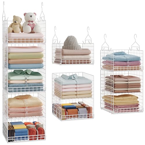 Yuyetuyo ﻿5 Tier Hanging Closet Organizer Separable Hanging Closet Shelves with 4 Hooks 2 Adjustable Dividers, Wire Storage Basket Bins for Clothing Sweaters Socks Dolls Handbags, Foldable - color: White, size: 5-Tier