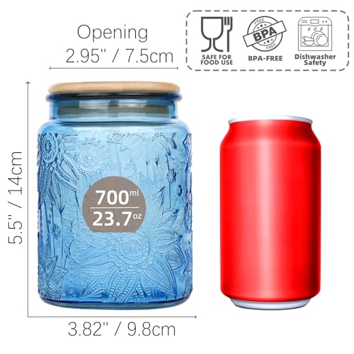 Custde Blue Vintage Glass Candy Jar with Airtight Bamboo Lid, 23.7oz Kitchen Storage Canister for Sugar, Coffee, Tea, Cookies, Bath Salt - Decorative Mason Jar for Pantry & Counter(Blue, 23.7 fl oz) - color: Blue, size: 23.7 fl oz