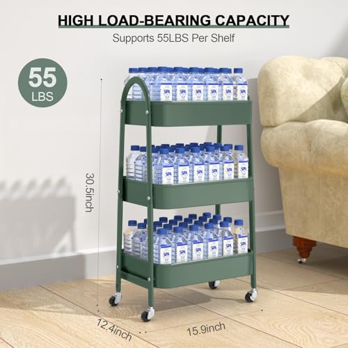 EAGMAK 3 Tier Utility Rolling Cart, Metal Storage Cart with Handle and Lockable Wheels, Multifunctional Storage Organizer Trolley with Mesh Baskets for Kitchen, Living Room, Office, Garage (Jungle) - color: Jungle Green, size: Normal