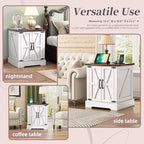 Farmhouse End Table with Charging Station, Rustic Wood Nightstand with Adjustable Shelf, 19.6"W Versatile Walnut Sofa Side Table with Barn Doors and Retro Hinges for Bedroom, Living Room (White-kk025) - color: White-kk025