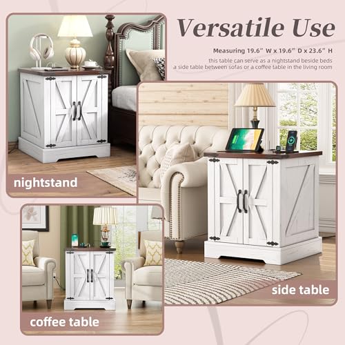 Farmhouse End Table with Charging Station, Rustic Wood Nightstand with Adjustable Shelf, 19.6"W Versatile Walnut Sofa Side Table with Barn Doors and Retro Hinges for Bedroom, Living Room (White-kk025) - color: White-kk025