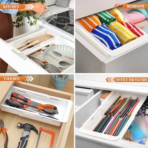 1 Pack Deep Drawer Organizer Bins, Sliding Drawer Organizer Bin Expandable and Adjustable Tray for Kitchen Utensils, Towels, BBQ Tools, Durable Plastic Sliding for Easy Storage (12.4-17.7") - size: 12.4-17.7"