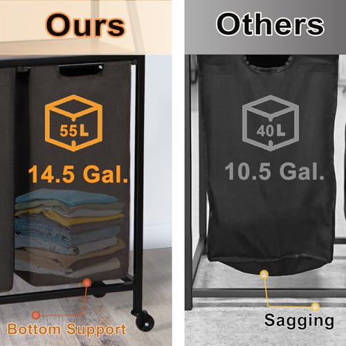 Timberer Laundry Hamper, Laundry Sorter with 4 Section, Rolling Basket with Wheels, 2 Shelves, 4 14.5 Gal, Pull-Out and Removable Oxford Fabric Bags for Laundry Room, Black and Rustic Brown - color: Black + Rustic Brown, size: 4 Bags (54.3"L x 12.9"W x 41