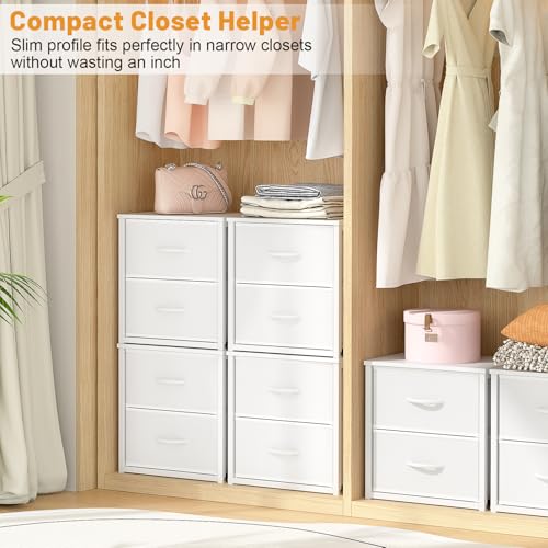DAOUTIME Stackable Storage Drawers, White Closet Organizer with Wooden Top & Metal Frame, Closet Storage Drawers for Clothes, Freestanding or Stackable Dresser for Bedroom, Living Room, Under Bed
